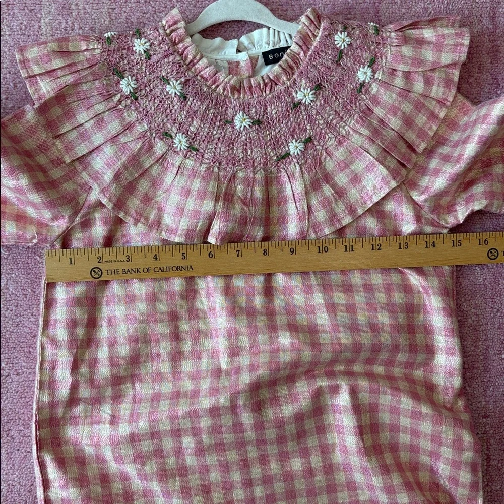 Bonjour Diary Girls Lurex Gingham Ruffle Floral Embroidered Smocked Collar Dress - Picture 6 of 7